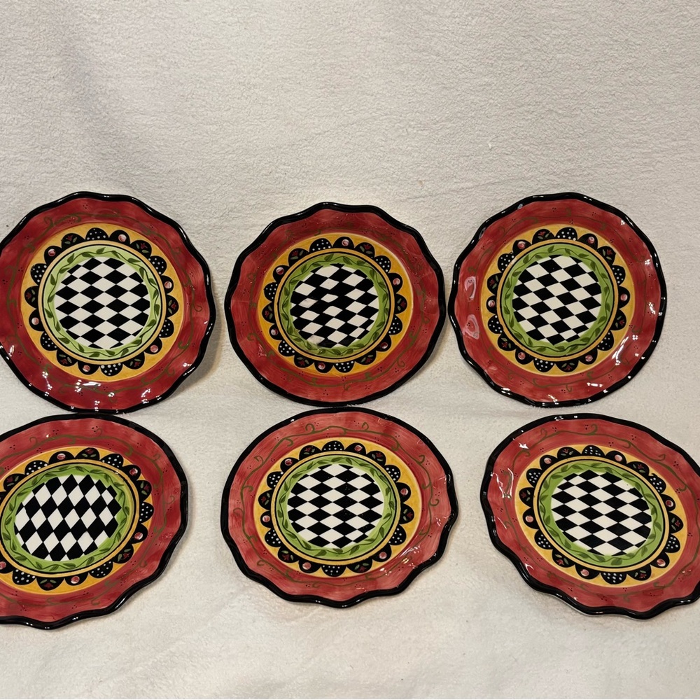Collectable Ceramic Vintage by Sue Zipkion handmade set 6 plate 8”light Red